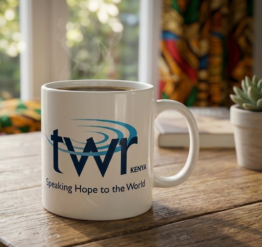 TWR Kenya Golden Jubilee Mug with the logo printed on the side